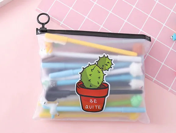 Marvel themed plastic case containing twenty 0.5mm black ballpoint pens with cartoon cactus designs.