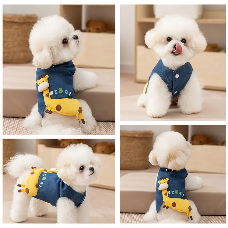 Blue 3D deer denim pet vest with polar fleece lining and leash hook for small dogs and cats
