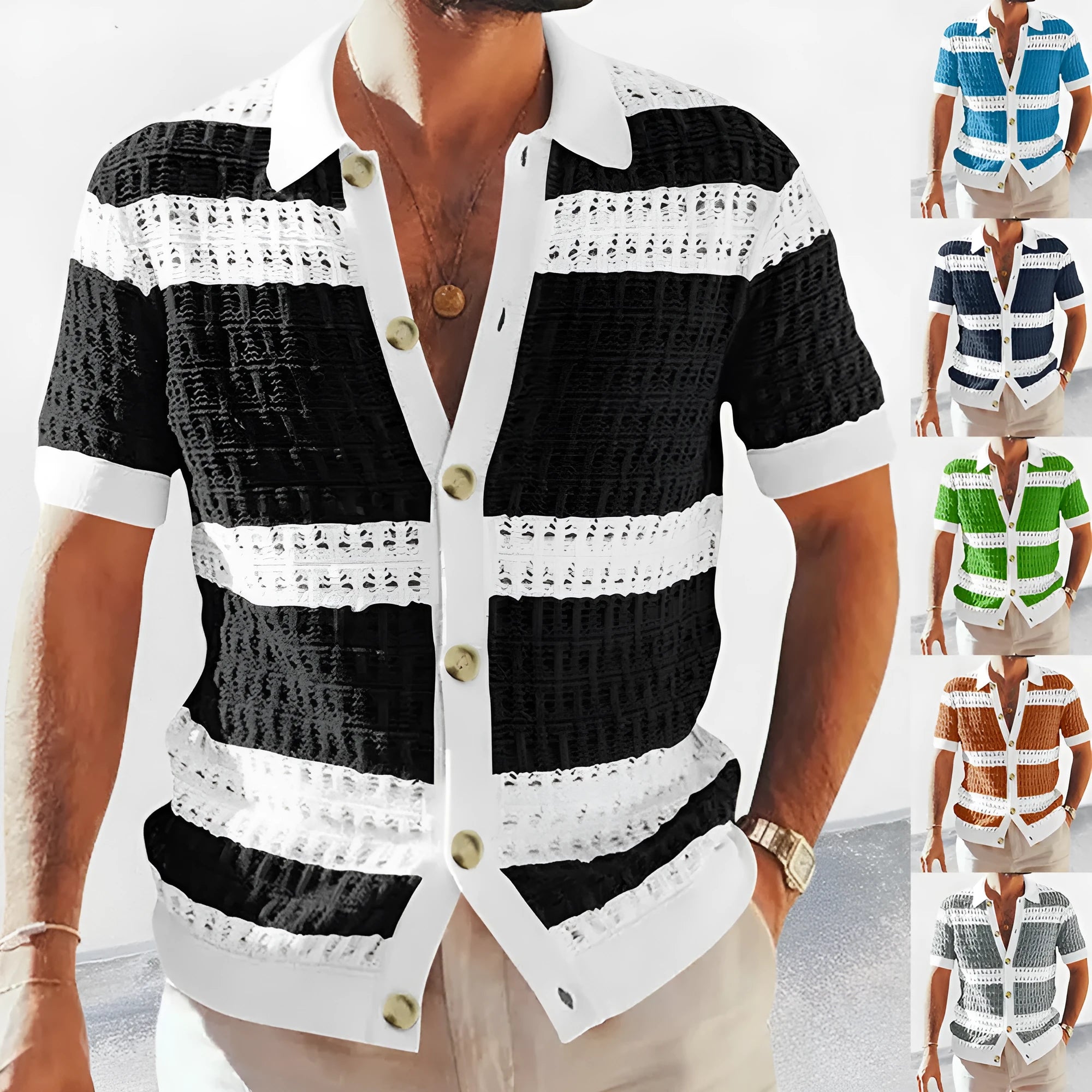 Men's knitted cardigan polo neck short sleeve breathable hollow slim fit summer top in grey