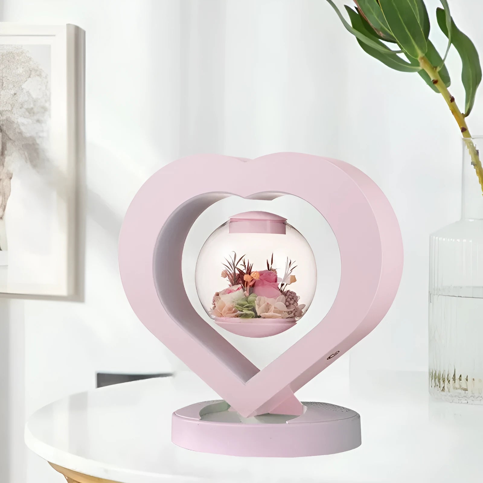 Pink preserved rose decorative ornament with optional base and Bluetooth audio functionality