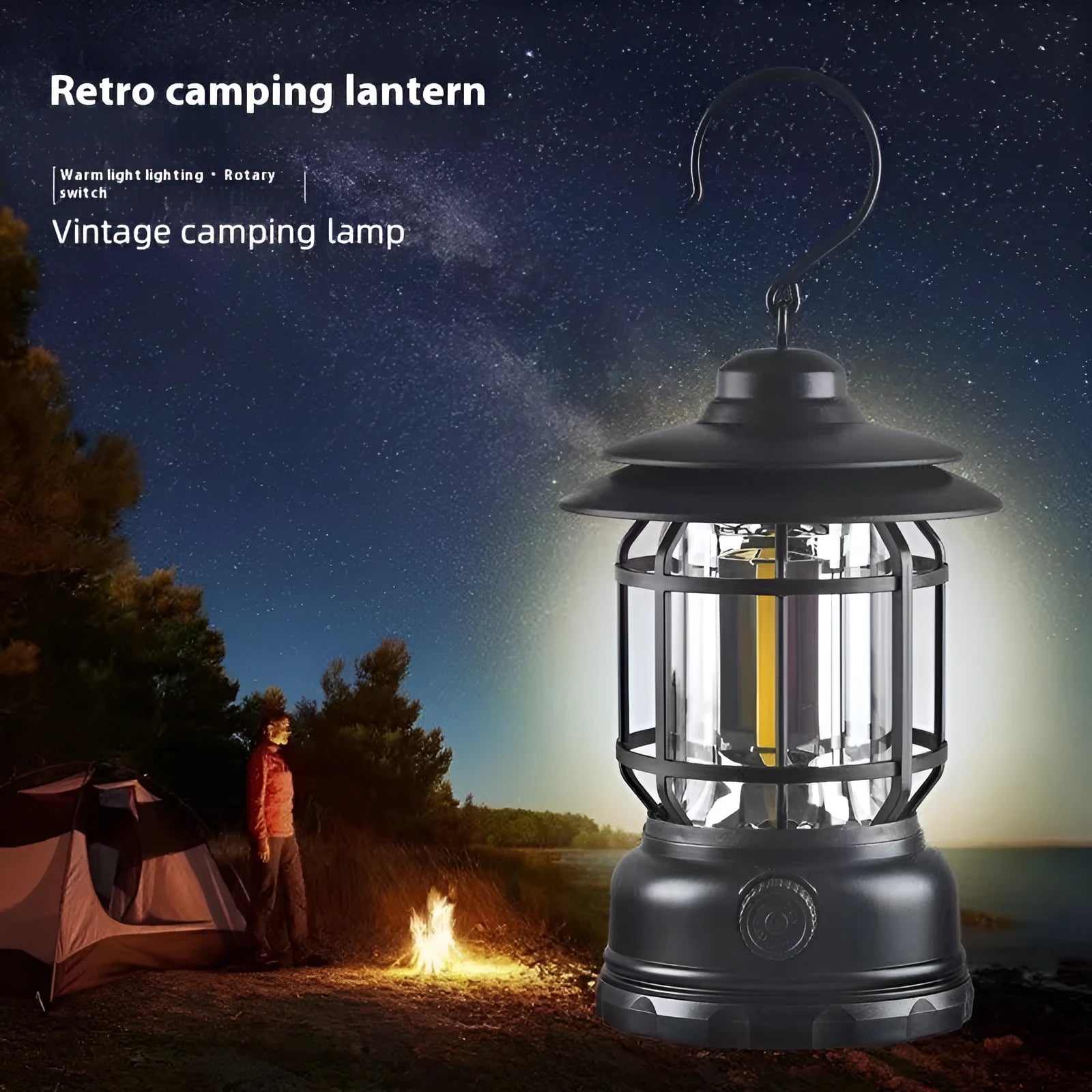 Portable head lamp camping lantern in dark green, black or red colours measuring 16.6 cm tall