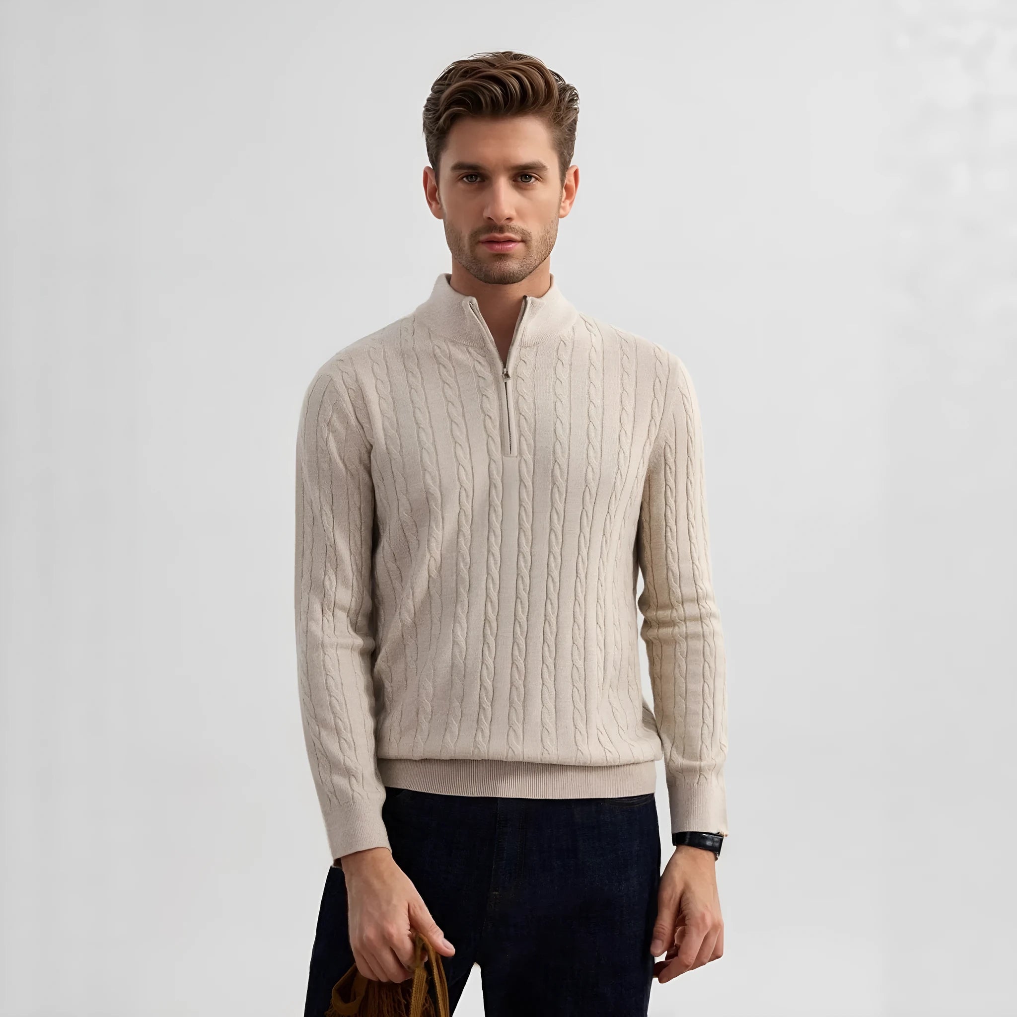 Men's casual wool blend zipper sweater in grass green with stand collar and twisted design