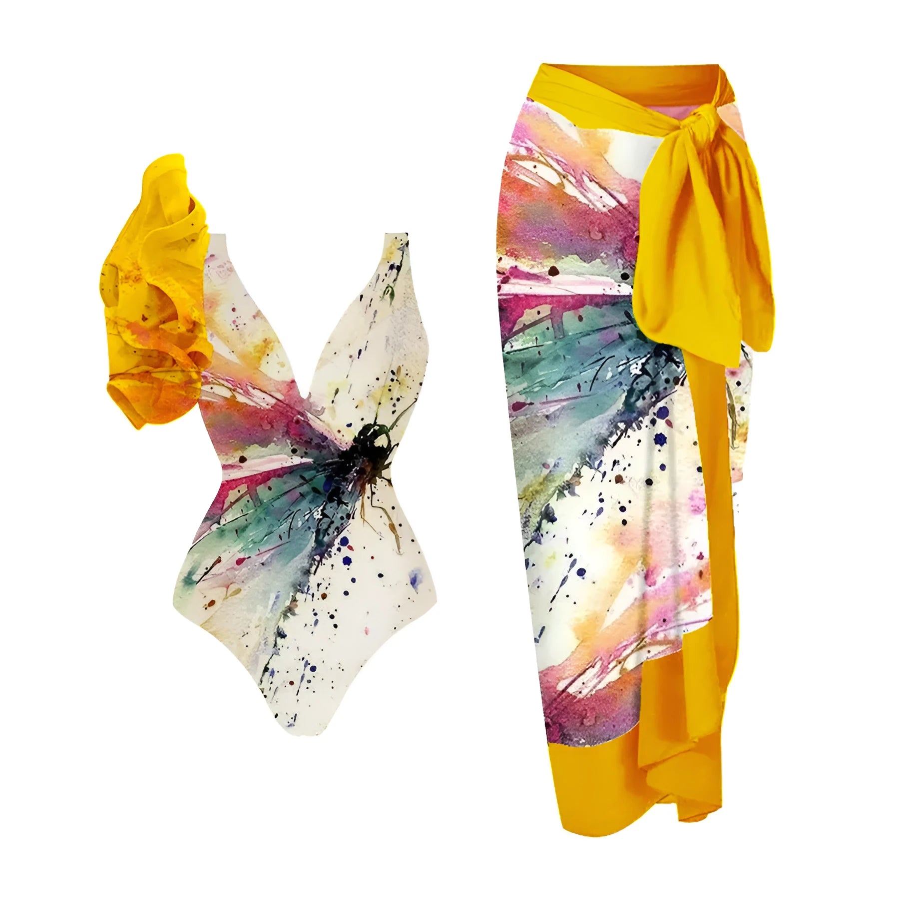 Yellow conservative one-piece swimsuit with belly cover design on woman model