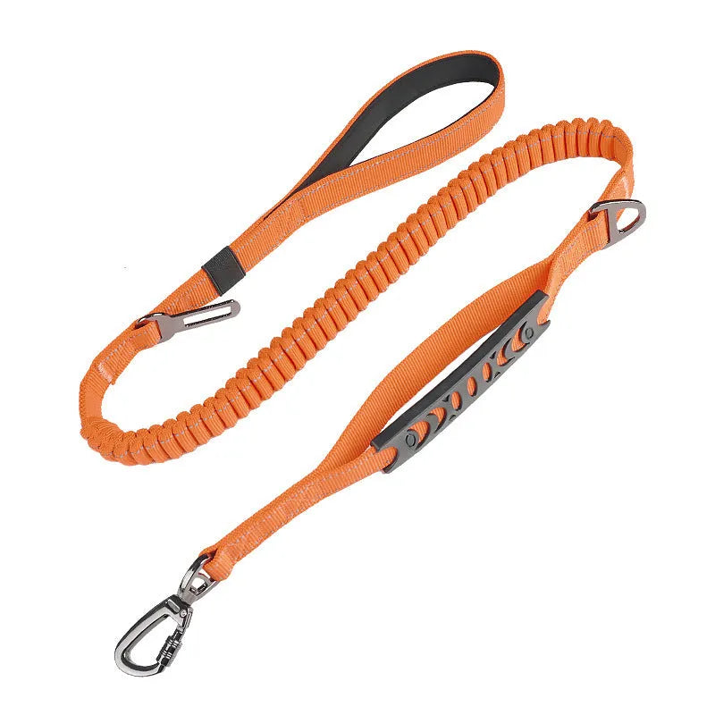 Large retractable dog walking lead with hand-holding grip and reflective safety strips in orange, khaki, or black.