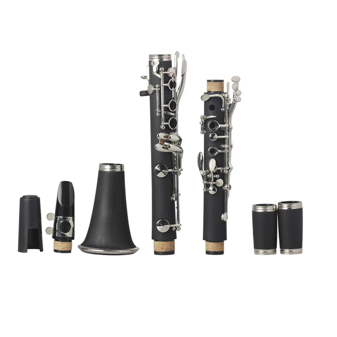 Black Bakelite body beginner clarinet with nickel-plated keys next to its included carry bag.