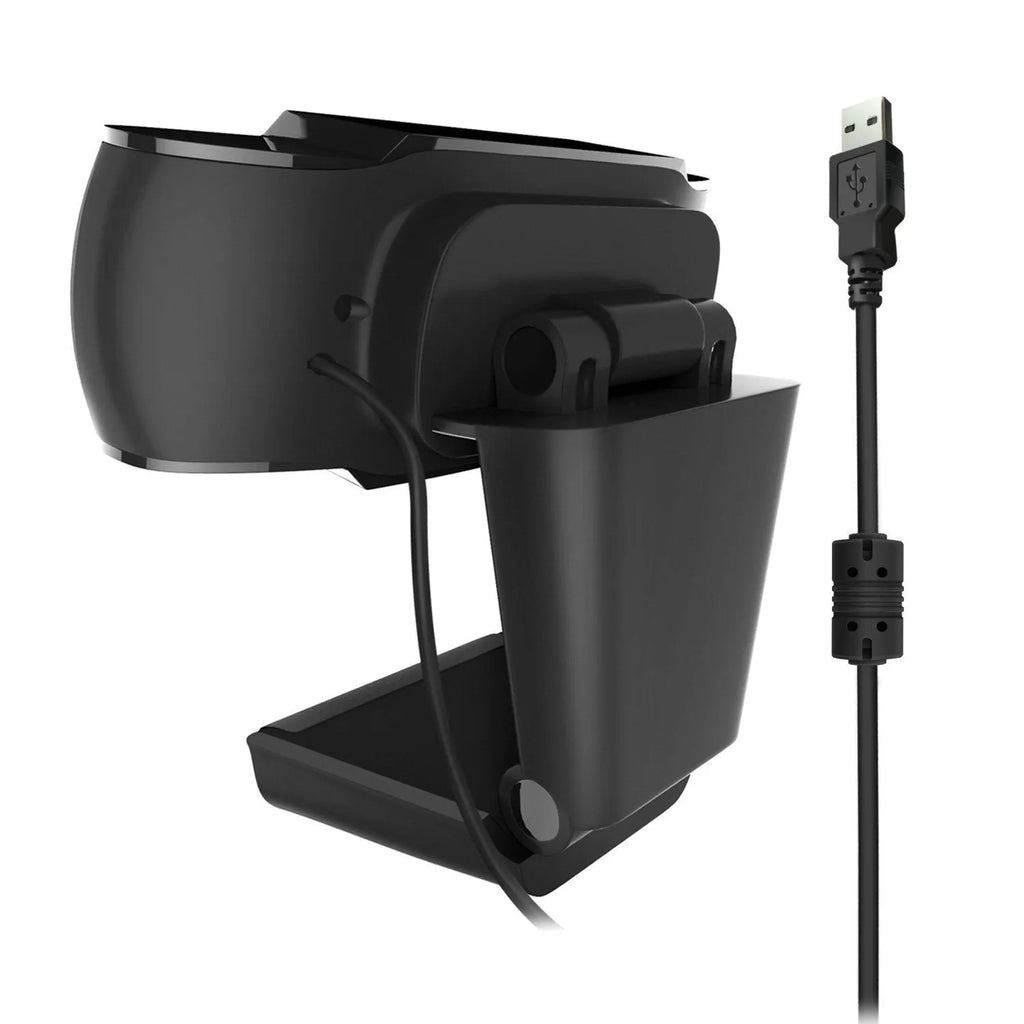 Black USB webcam with LED fill light on a desktop computer, showing built-in light ring and compact ABS housing