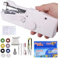 Handheld mini sewing machine set with thread spools, scissors, ruler, and clips in multiple colours