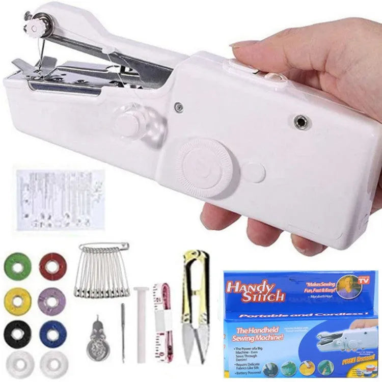 Handheld mini sewing machine set with thread spools, scissors, ruler, and clips in multiple colours