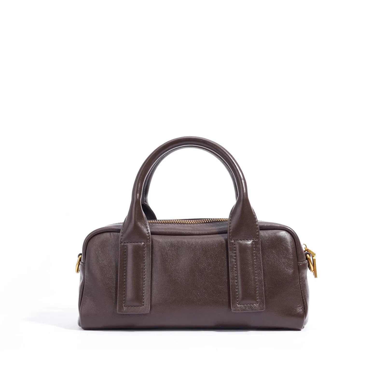 Soft first layer cowhide genuine leather crossbody handbag in brown with sewing line detail and sandwich pocket