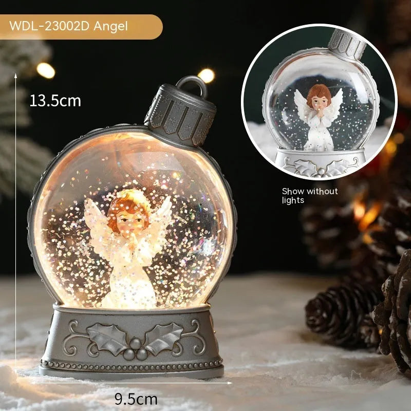 Christmas LED flame light decoration showing four character options: old man, snowman, child tree, and angel designs