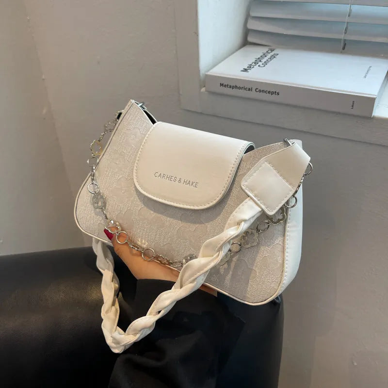 Women's fashion large capacity underarm shoulder bag in beige PU leather horizontal square shape with outer pocket