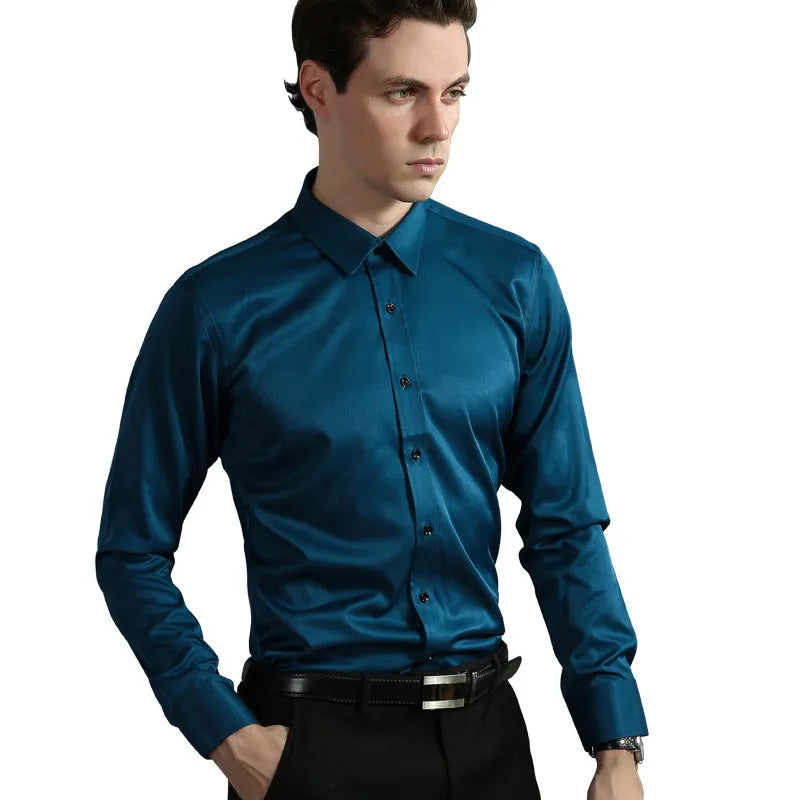 Casual long sleeve shirt with four-way stretch in slim fit, solid colour, synthetic fibre blend