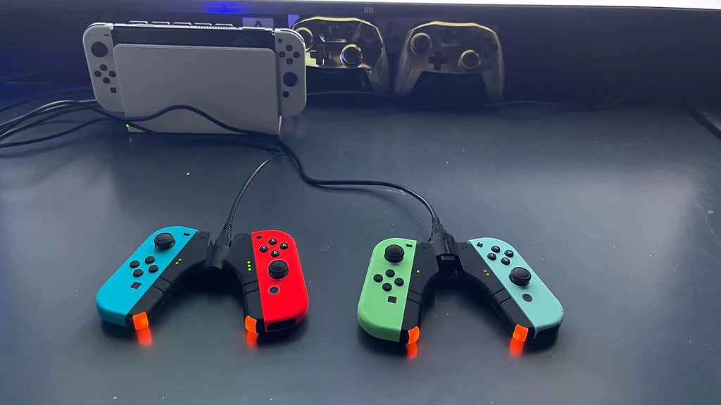 Black four-in-one charger holder for Switch, attached to handle ends with Type-C interface.