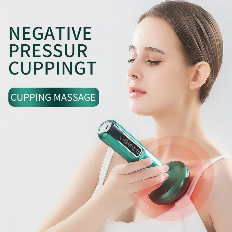 Green electric vacuum cupping massager with Gua Sha head on USB charging cable