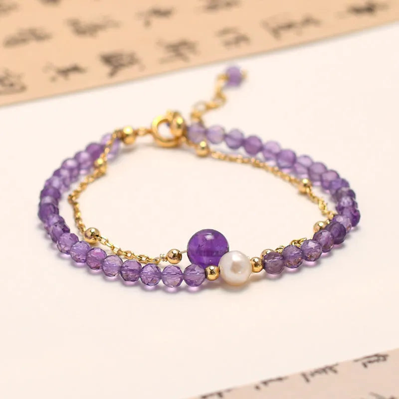 Amethyst crystal Chinese style women's bracelet with diamond-shaped stones and adjustable electroplated band