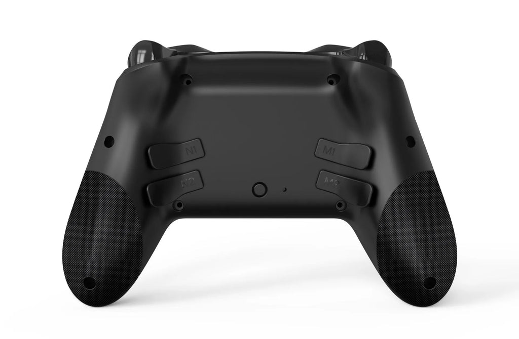 Black wireless game controller with leather-pattern texture on grips, shown front view.