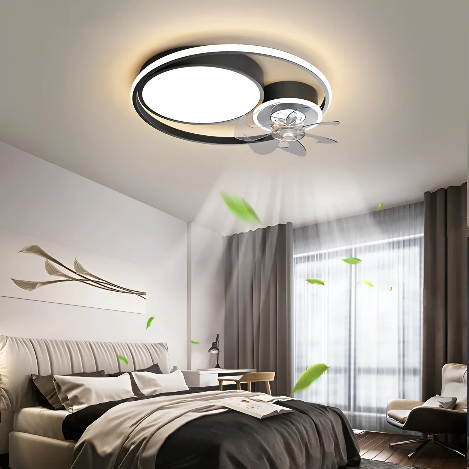 48cm diameter ceiling fan with light in Nordic style, featuring metal blades and an acrylic lampshade.