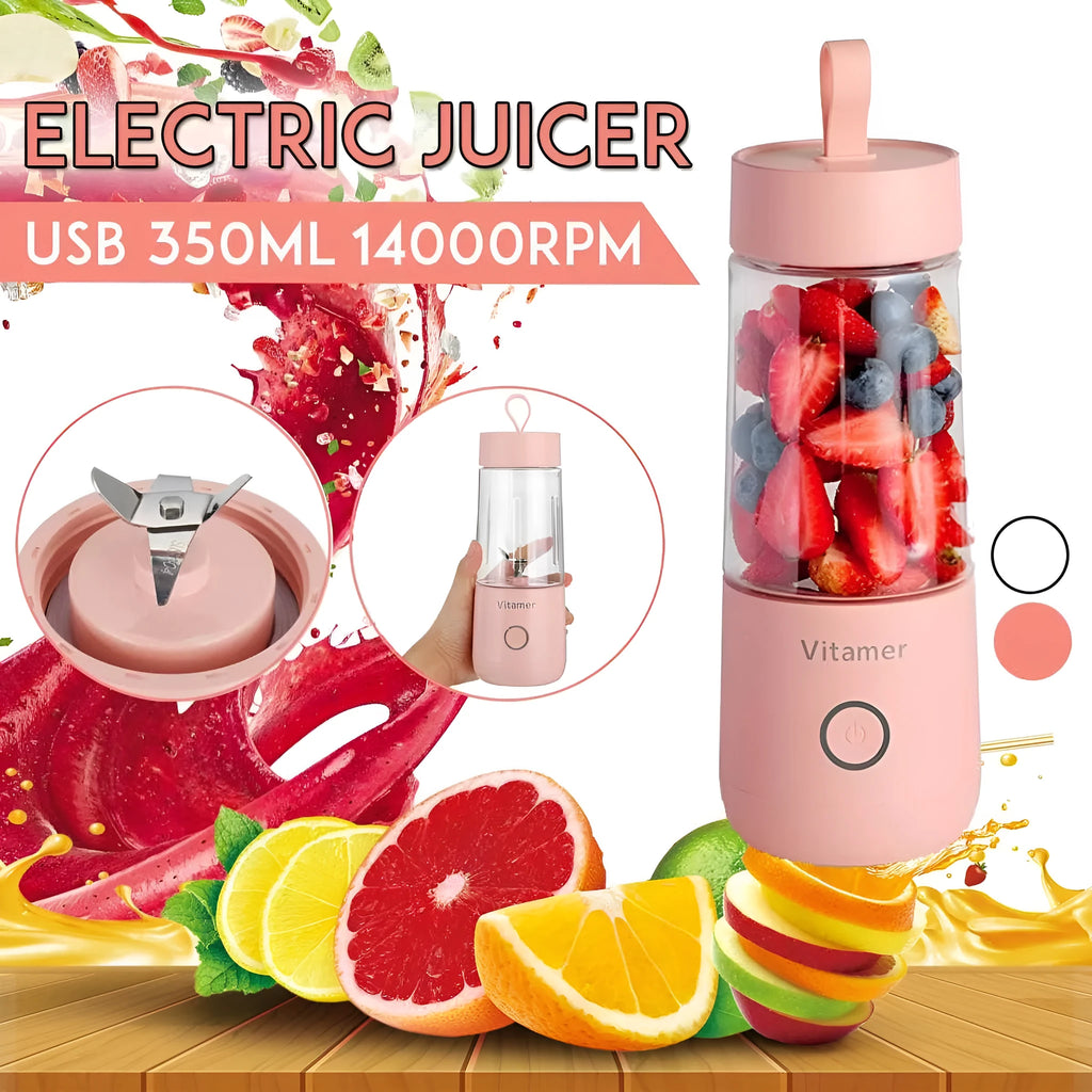 White portable USB blender with 350ml cup and silicone carry ring on a base.