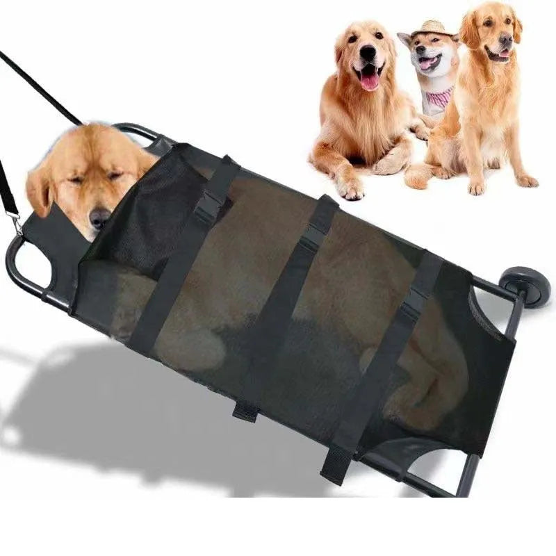 Black aluminium alloy folding stretcher for large dog emergency transport.