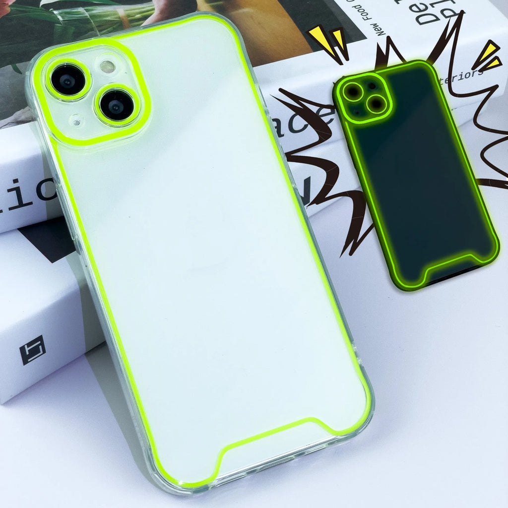 Glow in the dark Christmas phone case for iPhone in multiple colours including green, orange, blue, yellow, and pink.