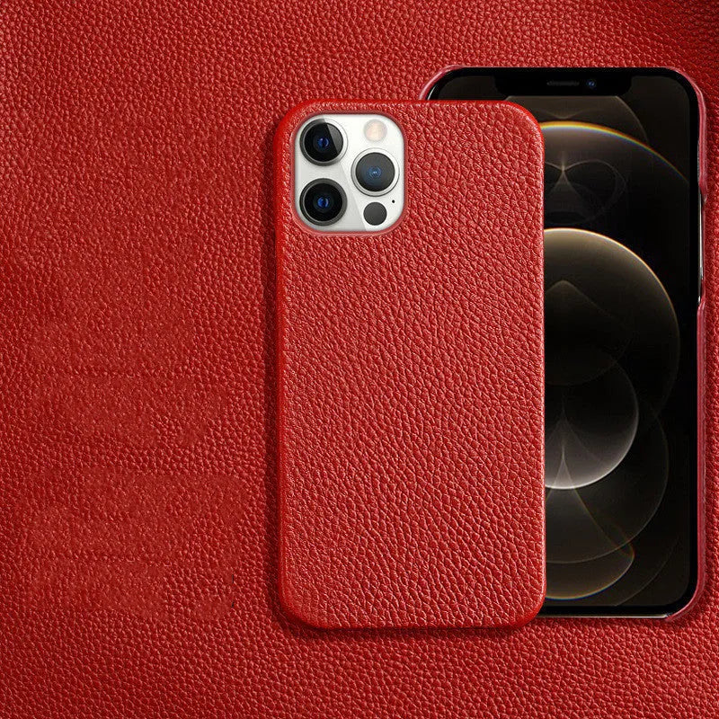 Genuine leather protective case for iPhone shown in beige colour.