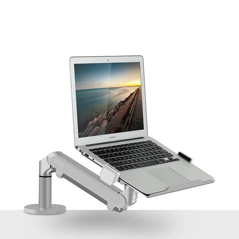 Aluminium laptop stand with adjustable arm bracket in silver colour on desk