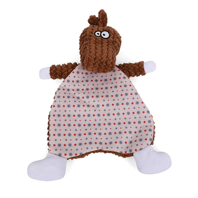 Brown, grey, and orange fox and elephant pet stuffed toys with velvet fabric and sound paper
