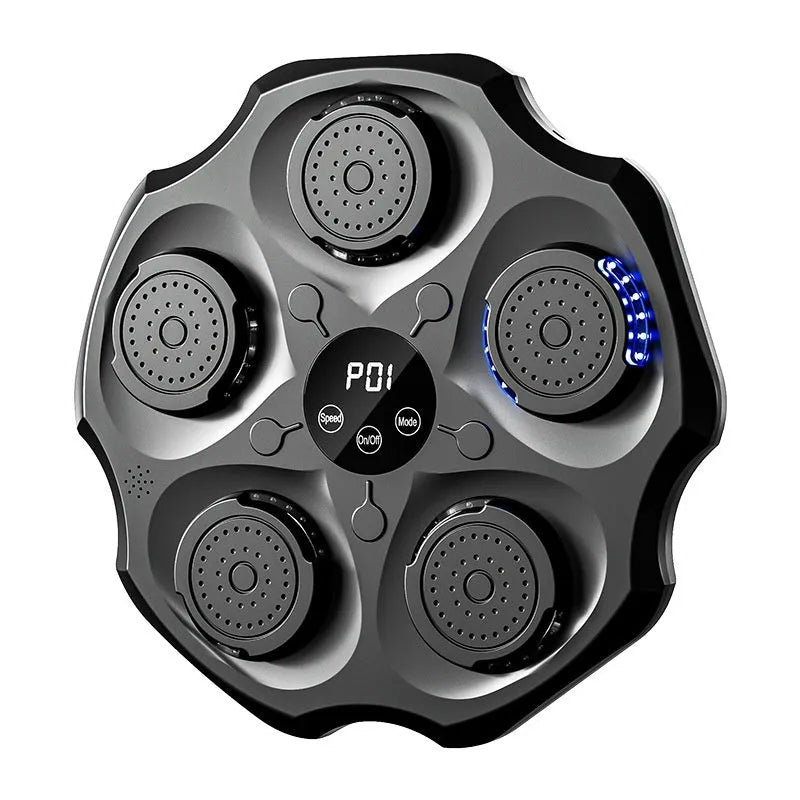 Black Bluetooth music boxing wall target hanging on a wall with gloves.