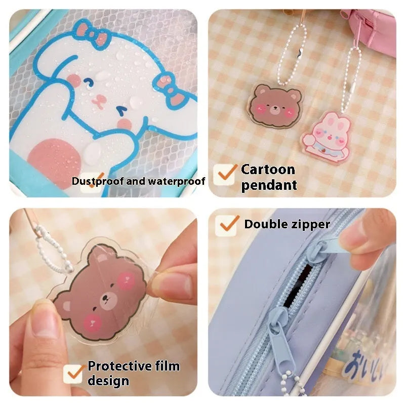 Large transparent PVC pencil case with a vertical cartoon dog design, zippered closure.