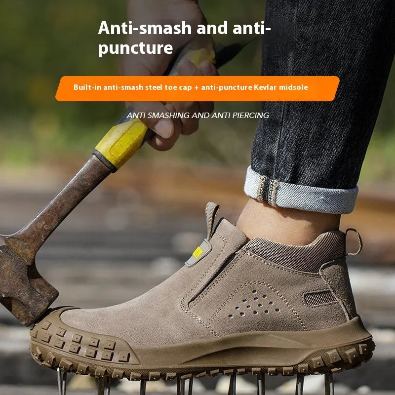 Mid-calf steel toe safety work boots in grey colour with suede leather and steel cloth upper for welding and industrial use
