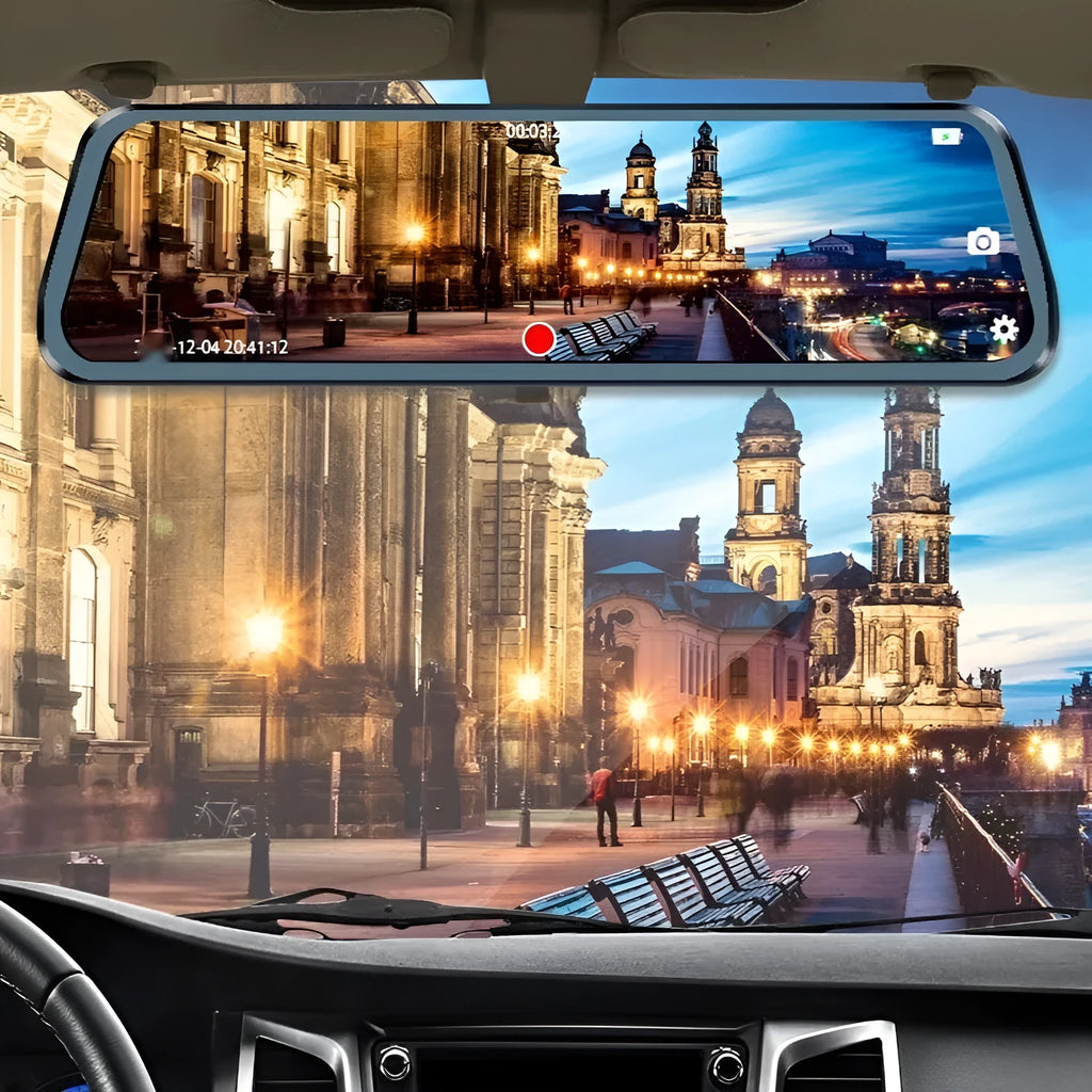 Car rearview mirror camera with 9.88 inch touch screen, motion detection, WiFi, and 1080p recording