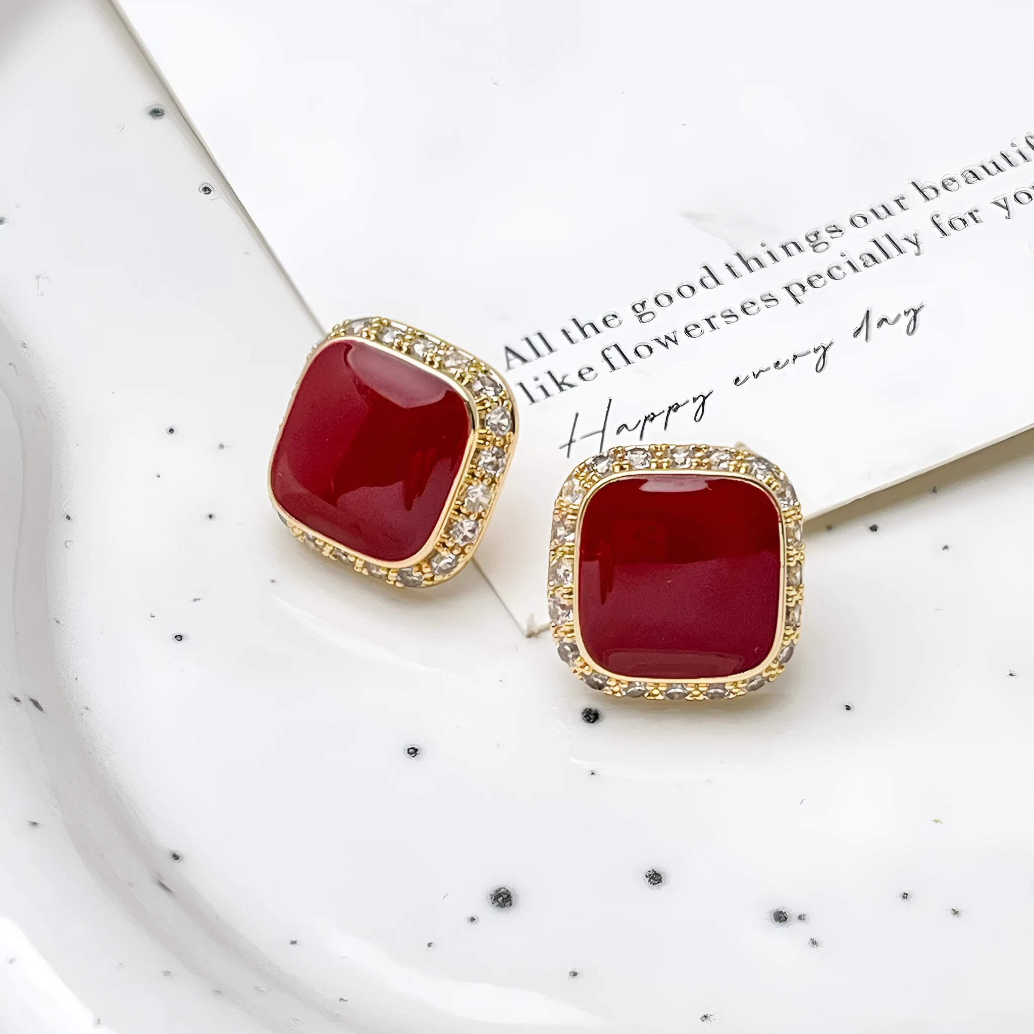 Retro red alloy earrings with geometric square inlaid design for women.
