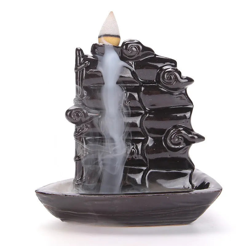 Ceramic backflow incense burner with detailed tree design in green, mangrove, pink, or white colour options