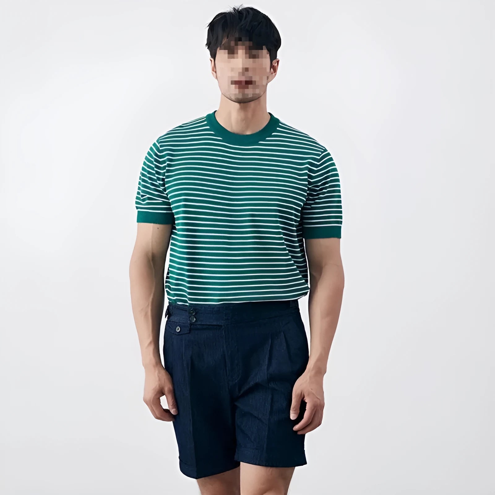 Men's high-grade casual striped round neck knitted T-shirt in green, blue, brown; short sleeve summer top Harajuku style