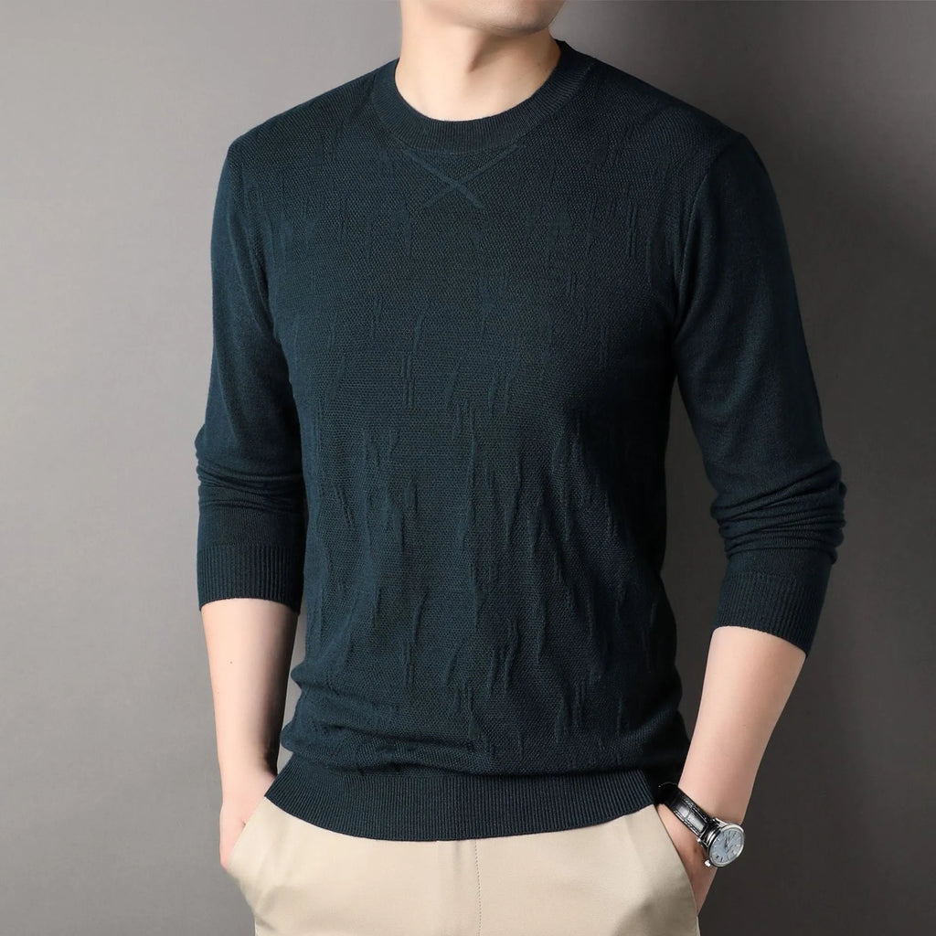 Men's loose fit solid colour polyester sweater in black, long sleeves, spring autumn casual wear