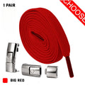 Black widened 8mm flat press lock elastic shoelace for no-tie fastening on a trainer.