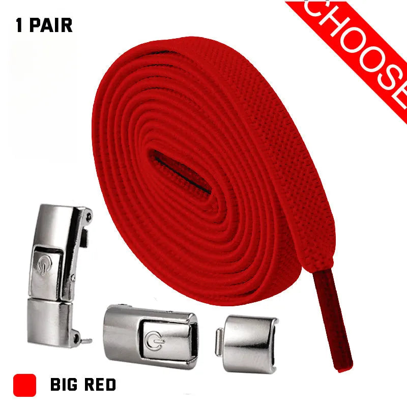 Black widened 8mm flat press lock elastic shoelace for no-tie fastening on a trainer.