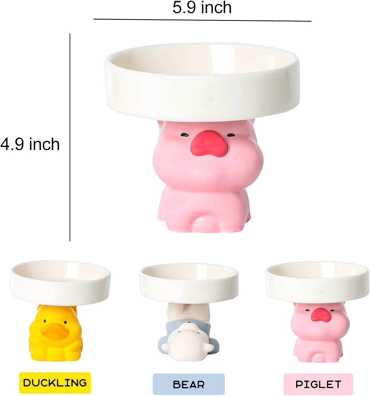 Raised ceramic cat food bowl in an animal theme design on a white background