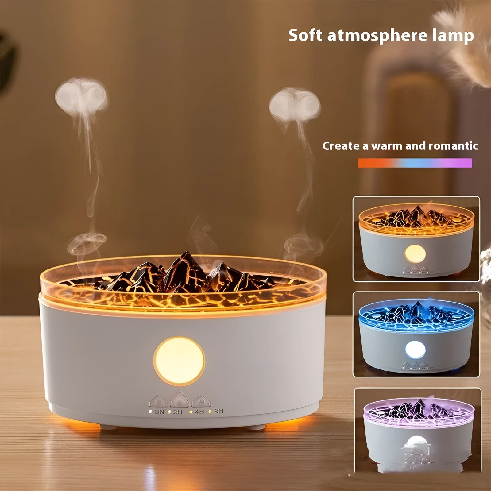 Desktop volcano aroma diffuser humidifier with 300mL tank and remote control in white crack finish