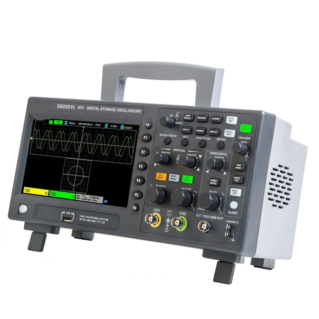 DSO2D10 digital storage oscilloscope front panel with dual channel inputs and display showing waveform