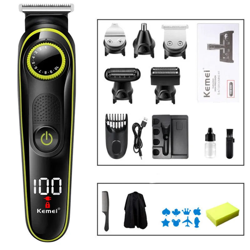 Black KM-696 rechargeable USB hair clipper set with stainless steel blade and cleaning accessories