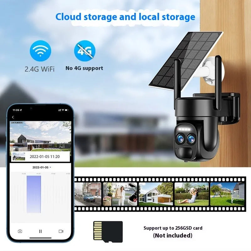 Solar panel security camera with zoom lens for outdoor home surveillance