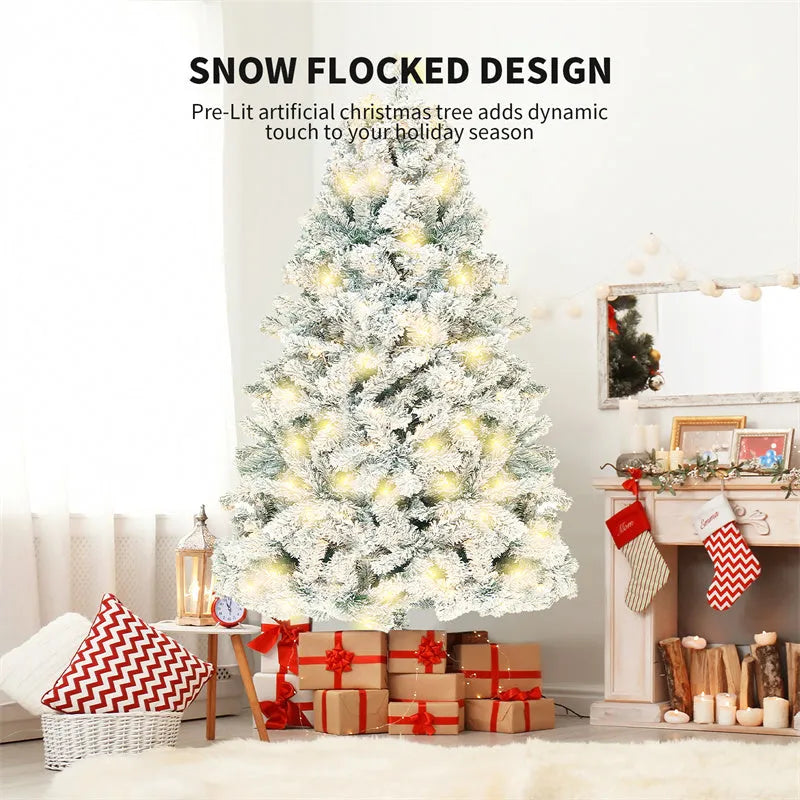 Green and white snow-covered artificial PVC Christmas tree with metal stand