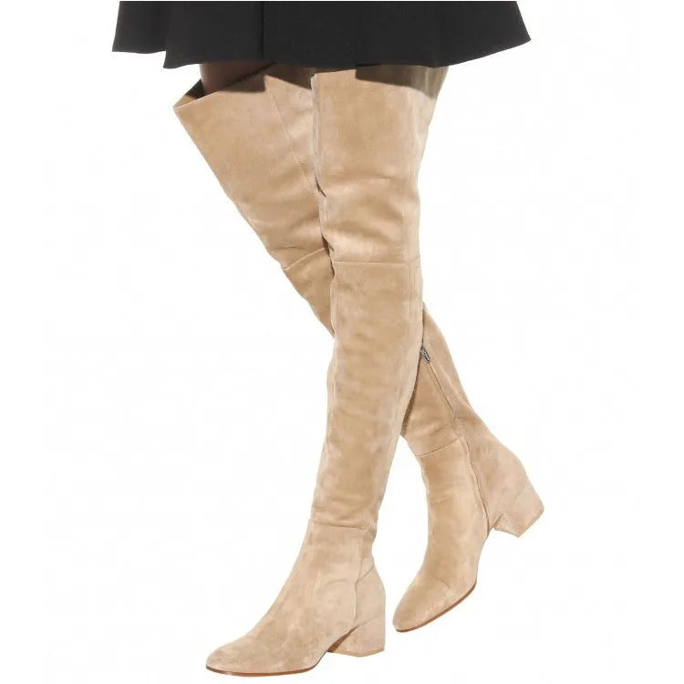 Grey suede women's over-the-knee flat boots with pointed toe and low thick heel.