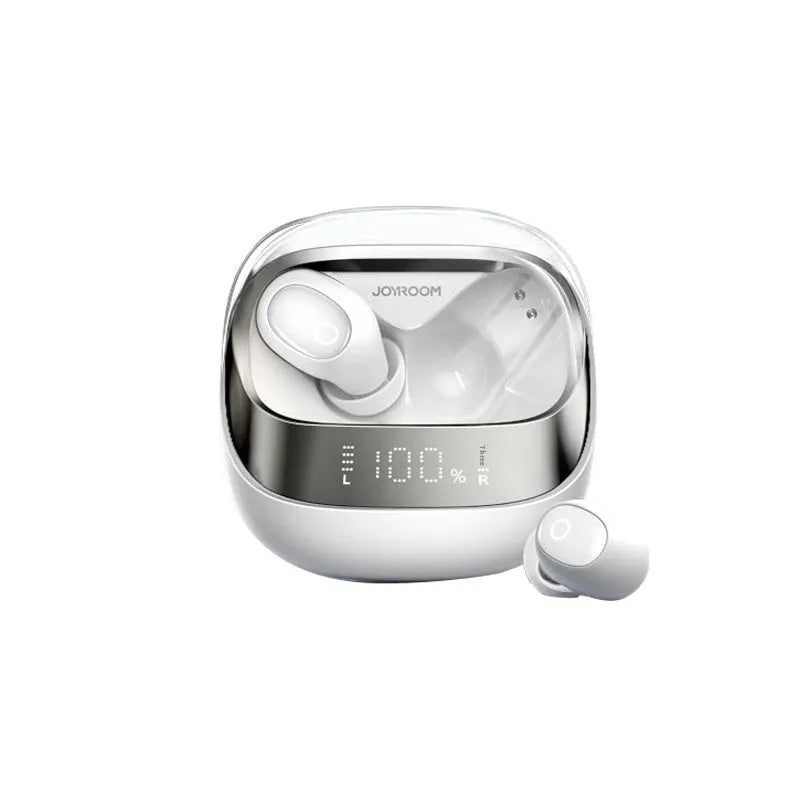 Beige wireless in-ear Bluetooth headphones with charging case on a table, showing USB Type-C port.