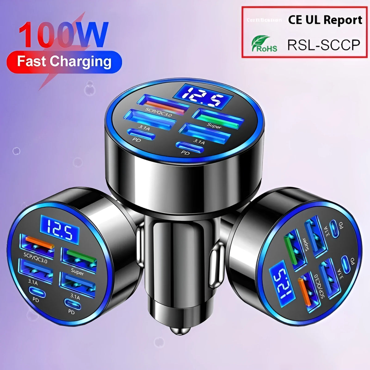 Black 6-port circular car charger with digital display, 4 USB and 2 PD outputs, 27W fast charging