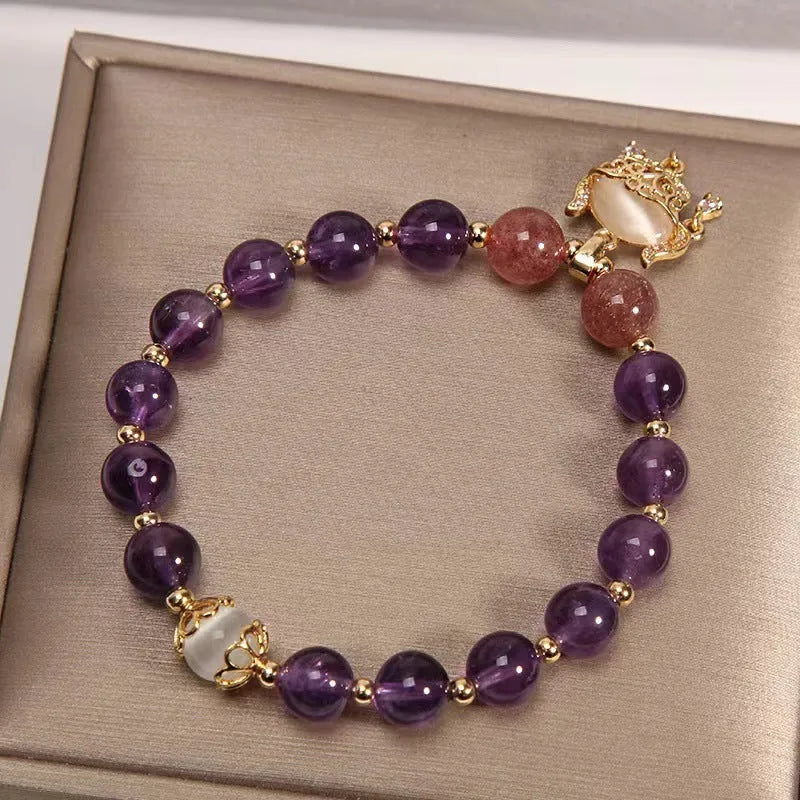 Handmade copper bracelet with natural amethyst stones and gold longevity lock in retro drop shape