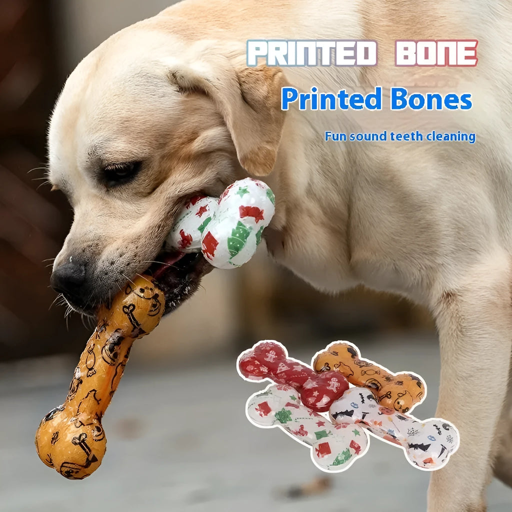 TPR bone-shaped chew toy with printed details in seasonal colours, produces nibbling sound when chewed
