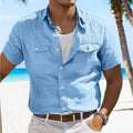 Men's linen summer shirt with polo collar and long sleeves in solid colour