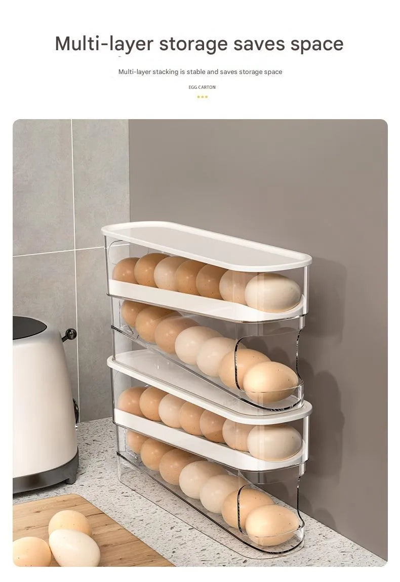 White plastic slide-out egg tray with automatic dispenser on a kitchen countertop